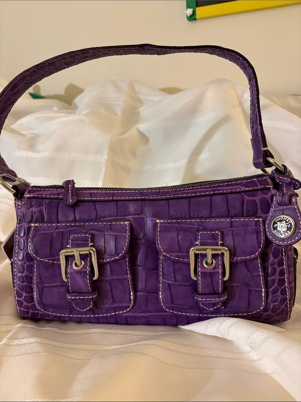 Dooney & Bourke Purple Croc-Embossed Small Shoulder Bag with Buckle Pockets